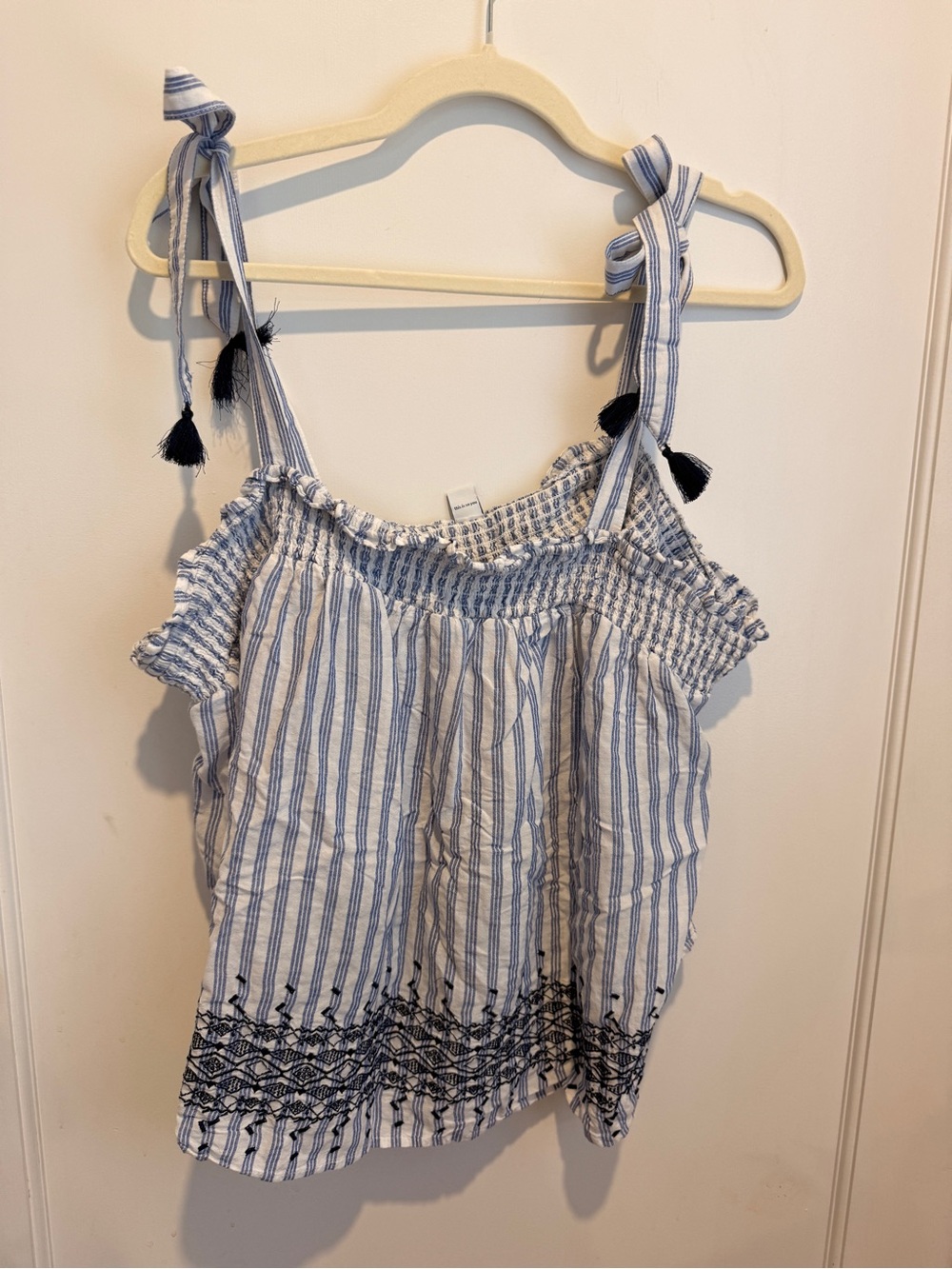 Old Navy White and Blue Striped Tie-Shoulder Smocked Tank